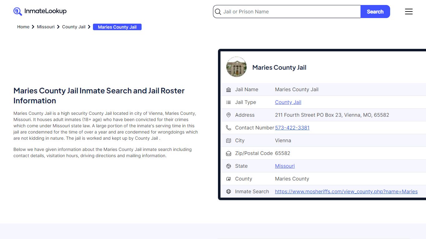 Maries County Jail Inmate Search - Vienna Missouri - Inmate Lookup